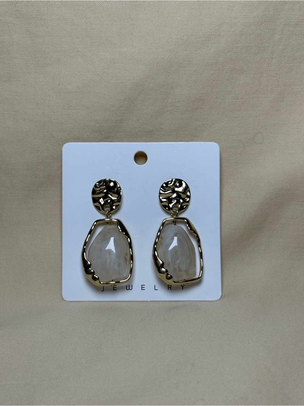Gold Frame Beige Stone Drop Earrings - Jewelry